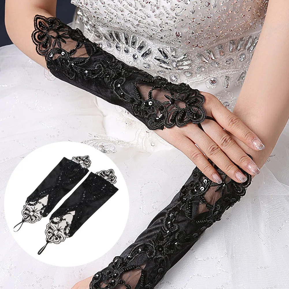 Брендовые новые модные женские кружевные длинные перчатки черные растягивающиеся без пальцев вышитые женские перчатки Ретро Готика