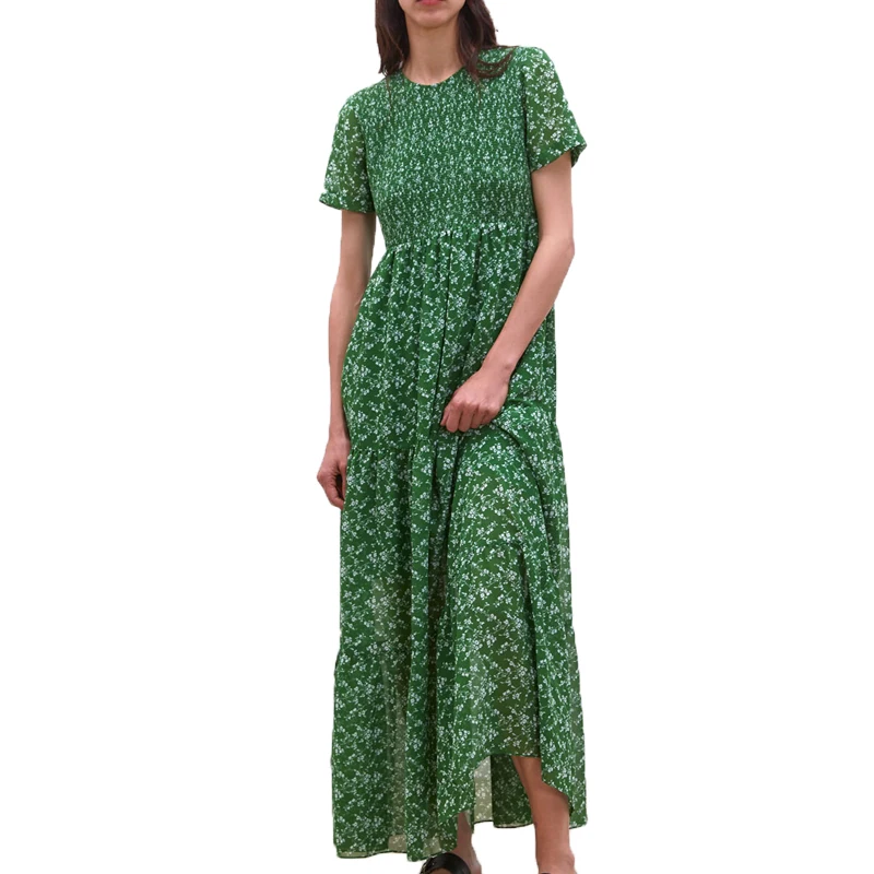 Летнее платье, повседневное зеленое платье с круглым вырезом, женская одежда с коротким рукавом, длинное платье с принтом, женские платья