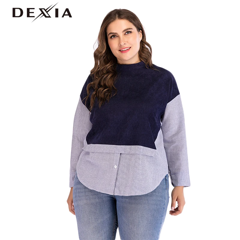 

DEXIA Plus Size 4XL 5XL Patchwork Blouse Women Tops Long Sleeve Round Neck Button Autumn Femme Casual Big Size Office Shirt B136