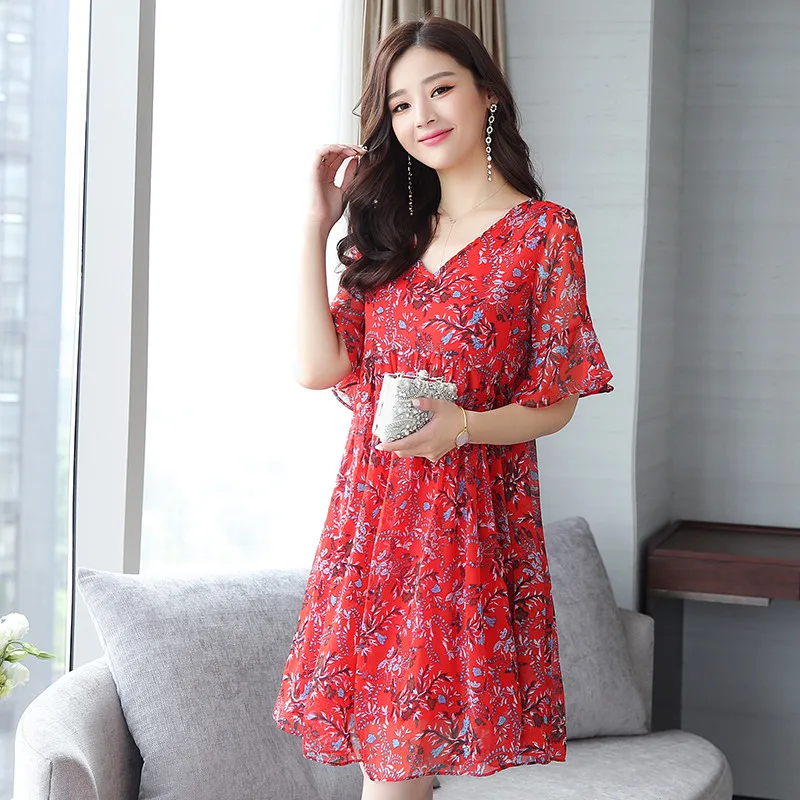 TEAEGG свободное платье Vestido Цветочное Femme шифоновое мини красное женская одежда 2020
