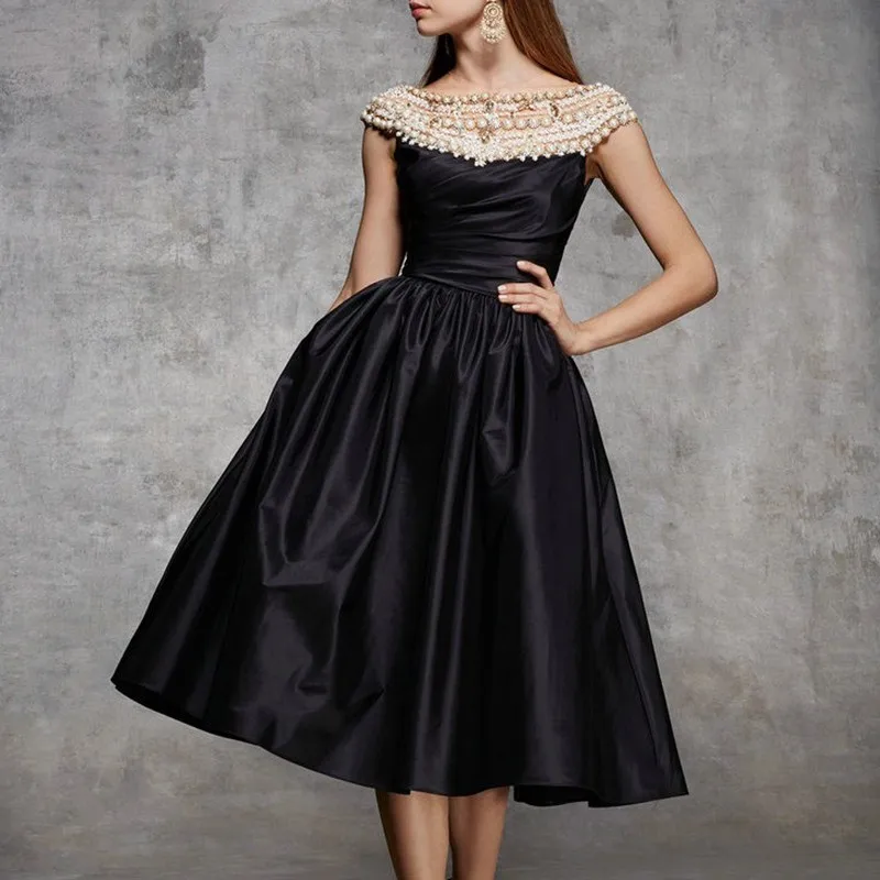 TWOTWINSTYLE, сатиновое вечернее платье для женщин, без рукавов, высокая талия, жемчужные кристаллы, миди, бальное платье, платья для женщин, осень - Цвет: black