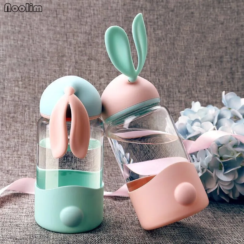 

NOOLIM 340ml Glass Water Bottle Rabbit Silicone Drinking Water For Bottle Child Animal Tumbler Bottles Coffee Keep Tea