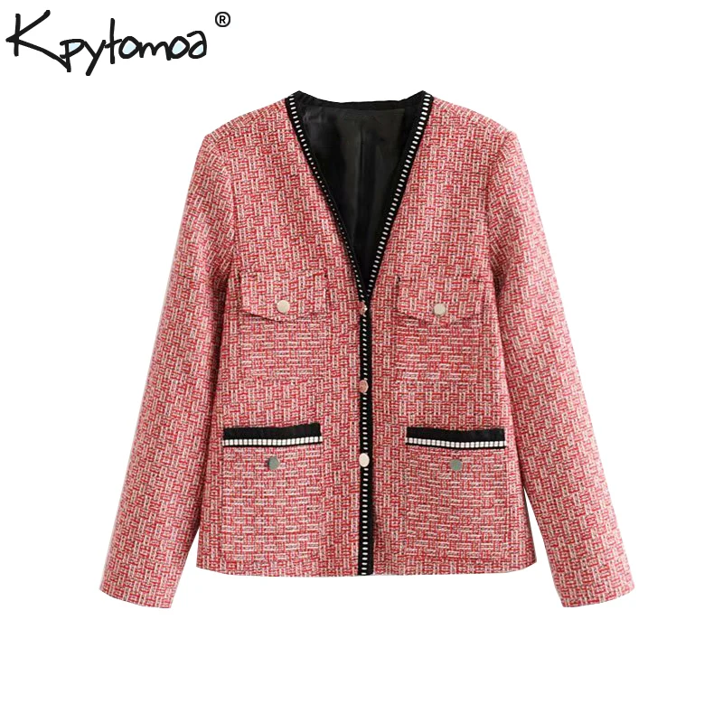 lower price  Vintage Stylish Pockets Single Breasted Tweed Jacket Coat Women 2020 Fashion Long Sleeve Ladies Out