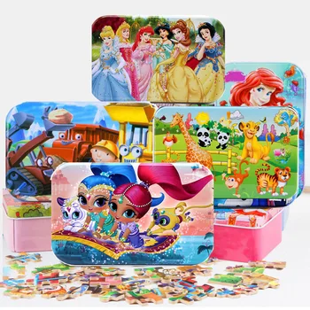 

60pcs/set Wooden Puzzle Cartoon 3D Wood Puzzle Jigsaw wood toys for Children Early Educational Montessori Toys (with Iron Box)