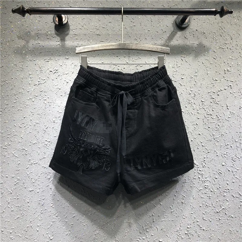Spring and Autumn New Type Embroidery Letter Tight waist Jeans Shorts Women's Loose Slim Bottom Broad Legs 50NDK21 | Женская одежда