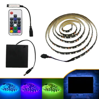 

LED Strip 5050 RGB 5V Black PCB Tape Lighting DIY Home Decorative Lamp 50cm/100cm/200cmWith Battery Box + 17Key RF Controller