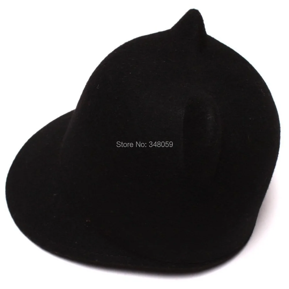 100% Wool Girls Fedora Hat Winter Black Devil Horns Cute Cat ear animal Derby Bowler lovely Cap for Childrend Gift