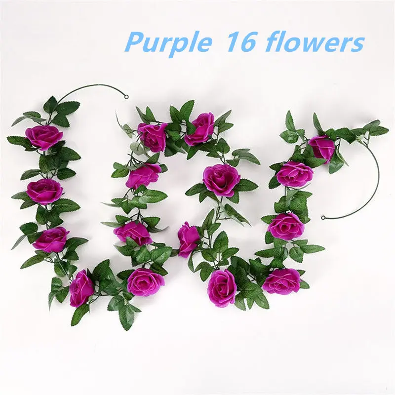 1pcs/lot 230-250cm Artificial Flowers Silk Roses Ivy Vine diy with Green Leaves Fake leaf artificial flowers for home decoration - Цвет: Purple-16 flower