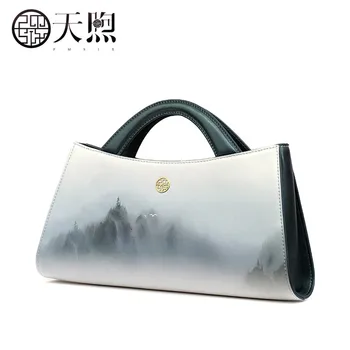 

Split Leather handbag Pmsix 2017 new Chinese wind designer original art handbag Shoulder Bags Printing small square bag