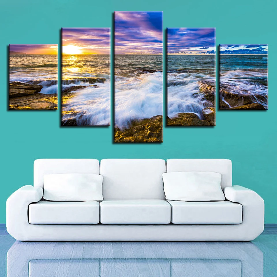 

Framework Modular Canvas Pictures Decor HD Printing 5 Pieces Sunset Beautiful Seascape Paintings Poster Art For Living Room Wall