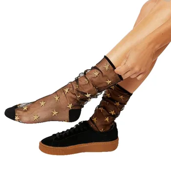 

2 Pair Women Sock Sexy Breathable Silk Socks Soft Heap Elasticity Five-pointed Star Pattern Lace Flower Mesh Ankle Elastic Sock