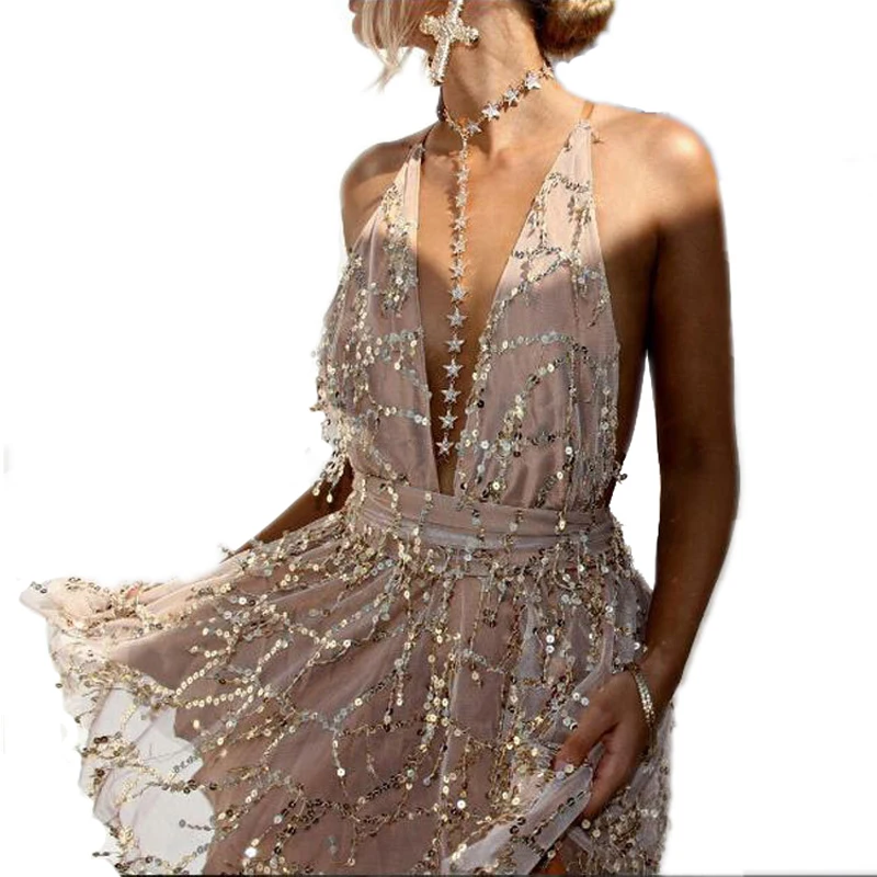 

Deep V-Neck Tassel Summer Dress Women Club Wear Sexy Dresses Mini Dress Female Party Dresses Backless Halter Black Beige H0362