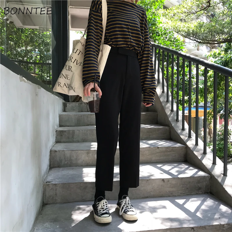 Брюки Женские однотонные прямые корейский стиль студенты по щиколотку брюки с высокой талией женские s карманы женские модные 2019 девушка