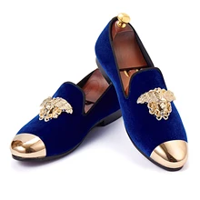Harplunde New Arrival Men Dress Shoes Metal Cap Toe Flats Blue Velvet Loafer Slippers Size 6-14