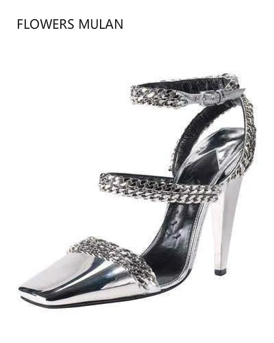 

Latest New Silver Mirror Leather Cap Chain Pumps Embellished Square Toe High Heeled Pump Strappy Chunky Heel Dress Shoes Women