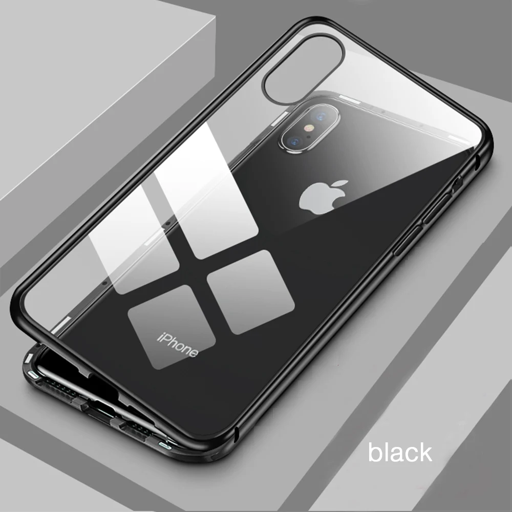 Eqvvol металлический магнитный адсорбционный чехол для iPhone XS MAX X XR 8 7 Plus 6 6s чехол двухсторонняя, для стекла магнит чехол Fun - Цвет: Black