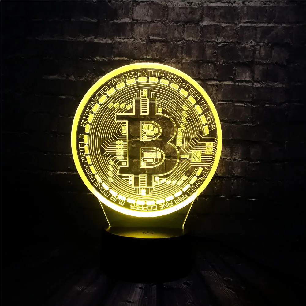 Новый 3D иллюзия LED 7 цветов Изменение USB База Блеск акриловая панель Биткоин декор