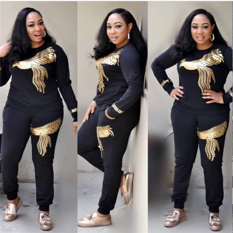 

2019 African Clothes High Elasticity Pit Cotton Double Phoenix Diamond Plus Size Suit For Lady Dashiki and Pants Suit