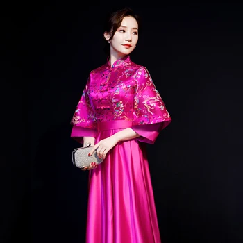 

Rose Red Bridemaid Wedding Party Dress Full Length Gown Winter New Half Sleeve Qipao Chinese Style Cheongsam Vestidos Size S-XXL