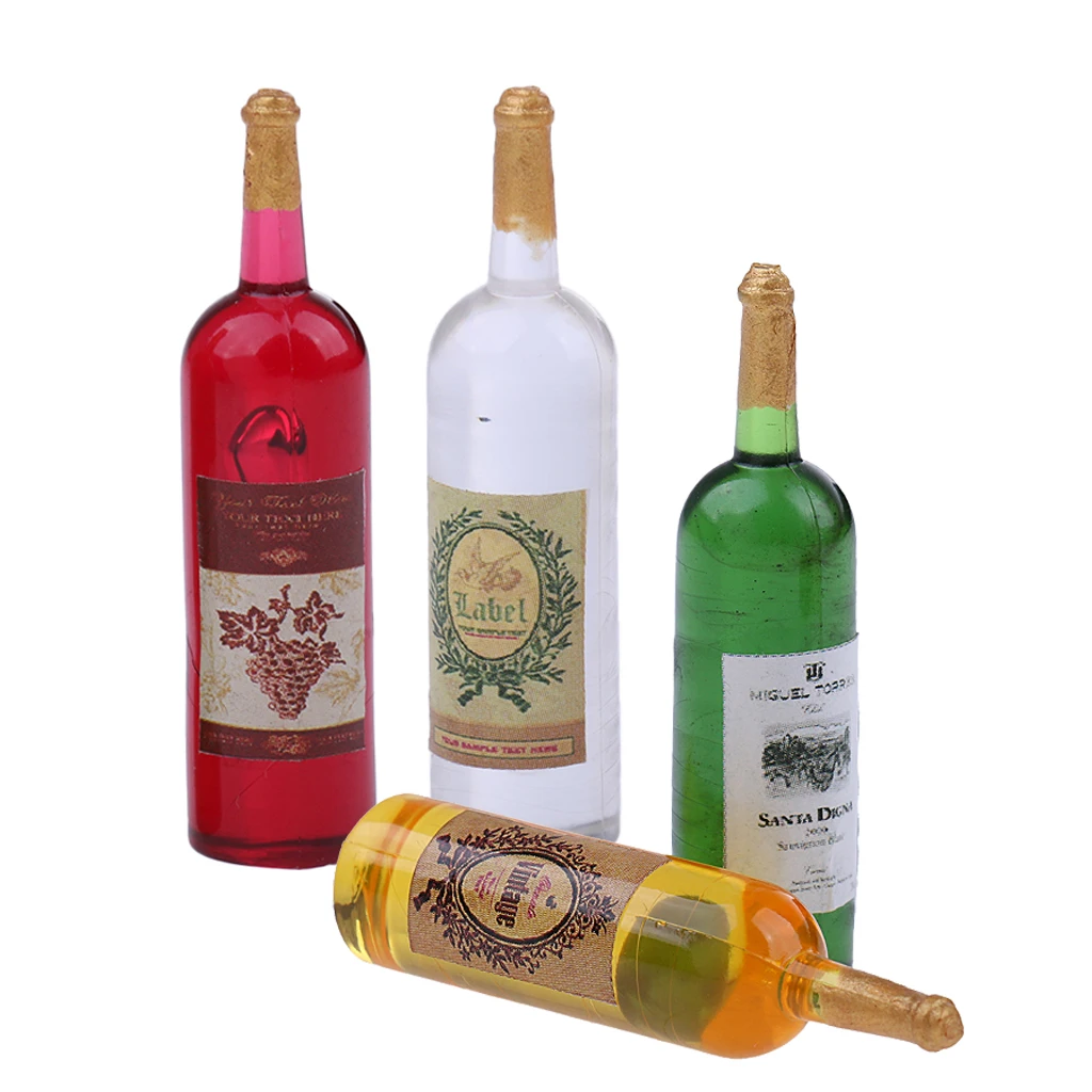 Set of 4 Pieces 1/12 Scale Dollhouse Miniature Wine Bottles Model Foods Groceries for Dolls House Kitchen Decor Accessory