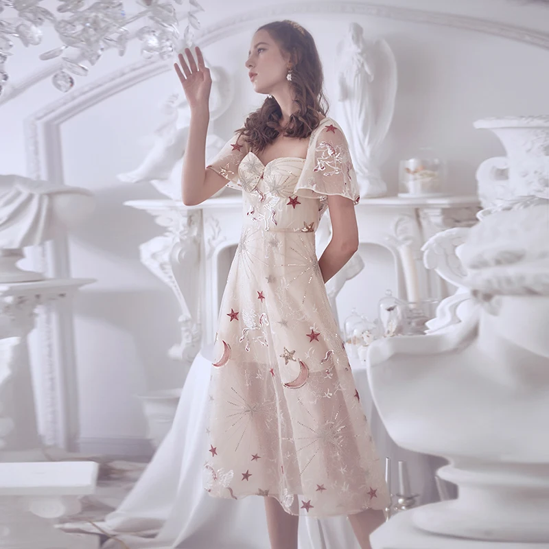 

2019 Summer Sweet Moon Star Sequined Embroidery Dress Women Sexy Strapless Backless Short Sleeve Mesh Long Party Dress Vestidos
