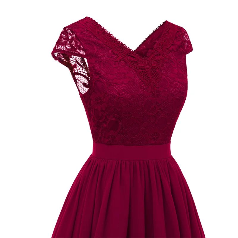 Women Sexy V Neck Lace Chiffon Dress Summer Fairy Retro Party Dress Slim Waist Robes femme ete 2018 Swing Vintage Dress Pink (3)
