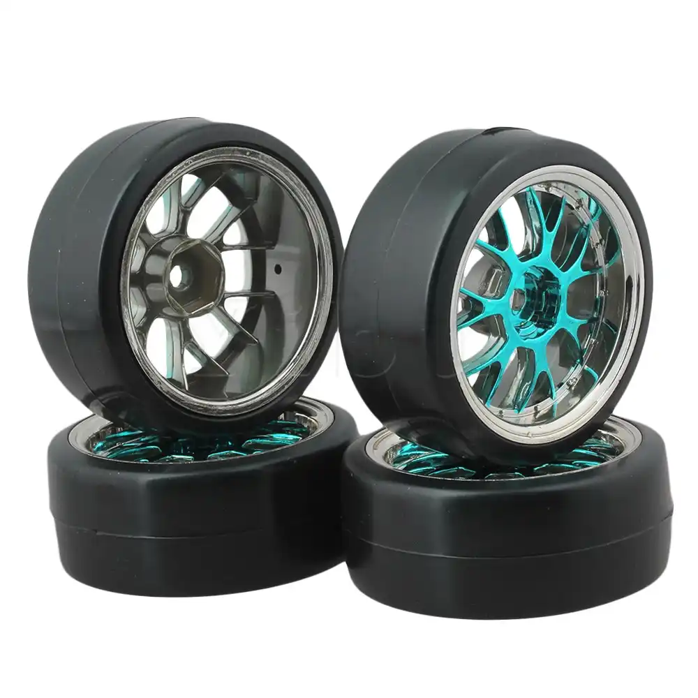 Mxfans Durable RC 1:10 On-Road Racing Car Plastic Drift Tires with Purple Aluminum Alloy 5-Spoke Wheel Rim Set of 4