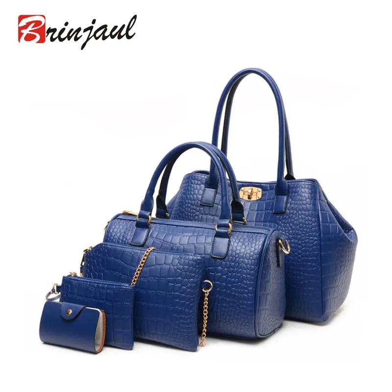 Brinjaul 2016 New 5 pcs women handbags set famous brand Women Bag Alligator Print Handbags Shoulder
