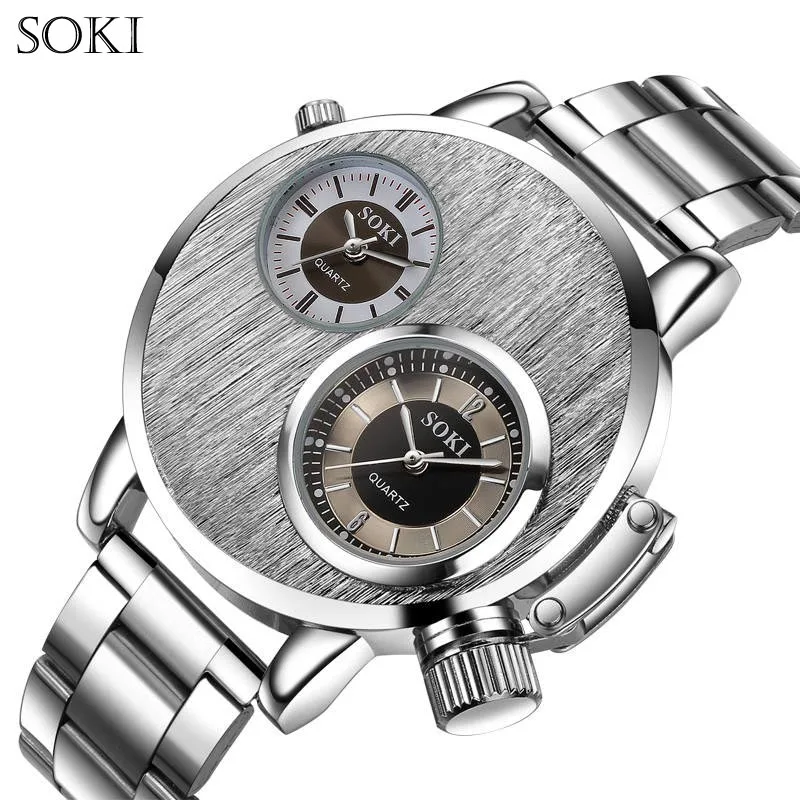 

SOKI Fashion Casual Army Sport Luxury two movements Men's Watches Business Stainless Steel Quartz-Watch Men Wristwatch Relogio