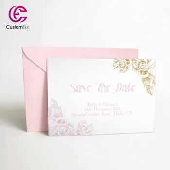 

50pcs/lot Personalized Thank you card or save the date card with free envelop classic flower pink and gold 031
