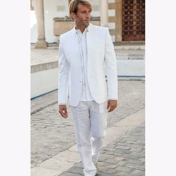 

2019 Latest Coat Pant Designs white men suit stand collar simple tuxedos vintage mens suits for wedding slim summer jacket+pants