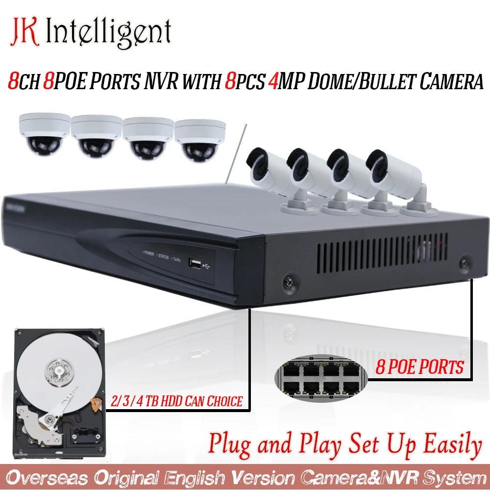 8CH 8 POE Порты NVR 4MP купольные IP или Пуля CCTV Камера H264 видеонаблюдения Системы комплект Водонепроницаемый Открытый Plug играть P2P HDMI