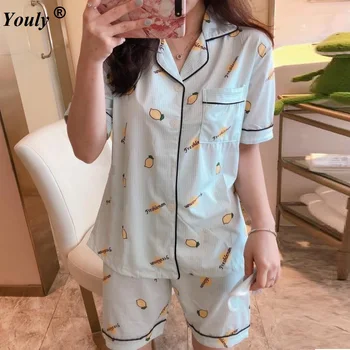 

Women Cotton Turndown Collar Pajama Set 2019 Casual Harajuku Cartoon Printed Pyjamas Pijama Mujer Hot Shorts Sleeepwear Homewear