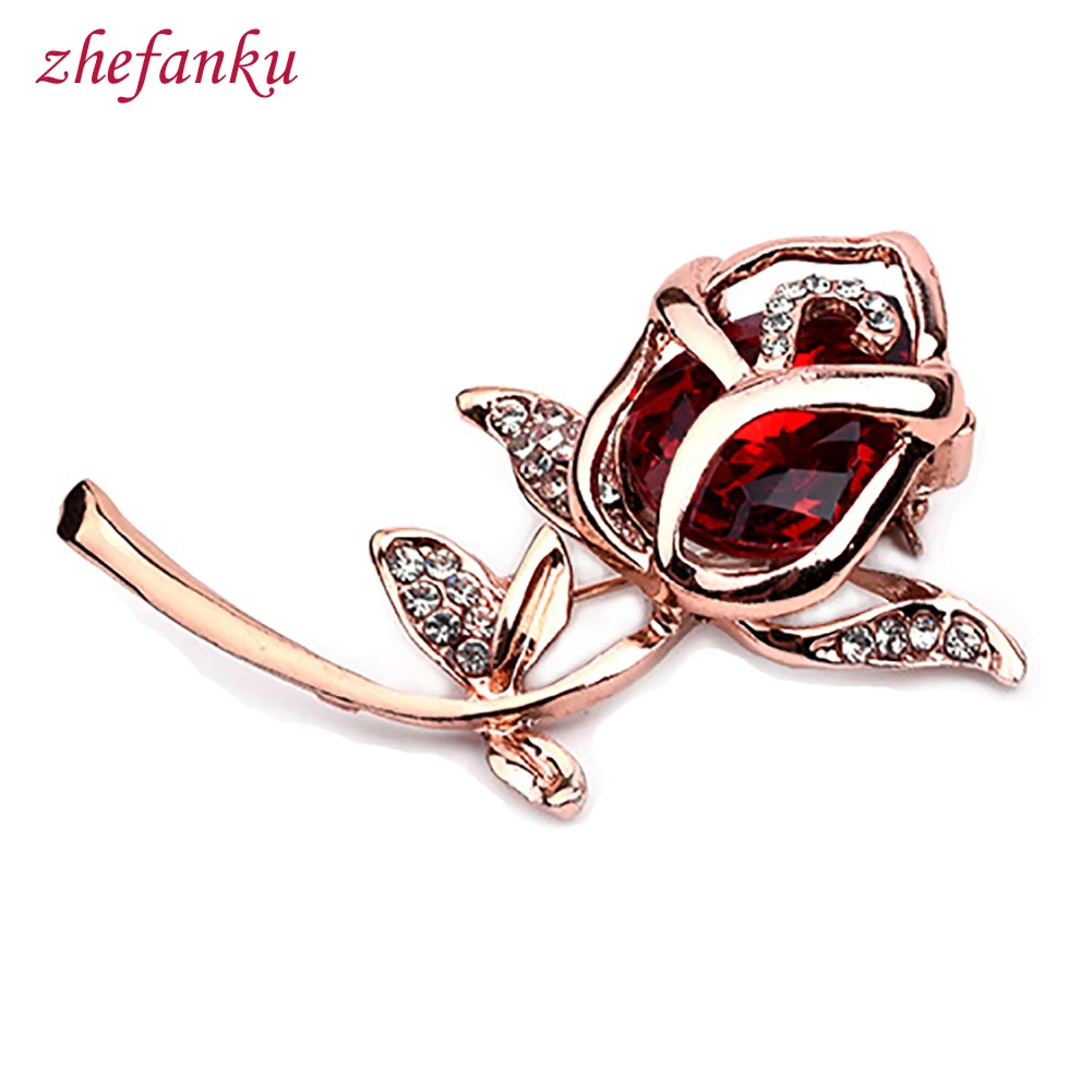 Crystal Rose Flower Brooch Pin Rhinestone Alloy Rose Gold Brooches Birthday Gift Garment Accessories