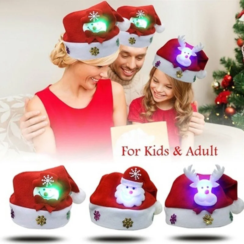 Christmas LED Light Hat Cartoon Santa Claus/Elk/Snowman Xmas Cap for Adult Kids-Drop