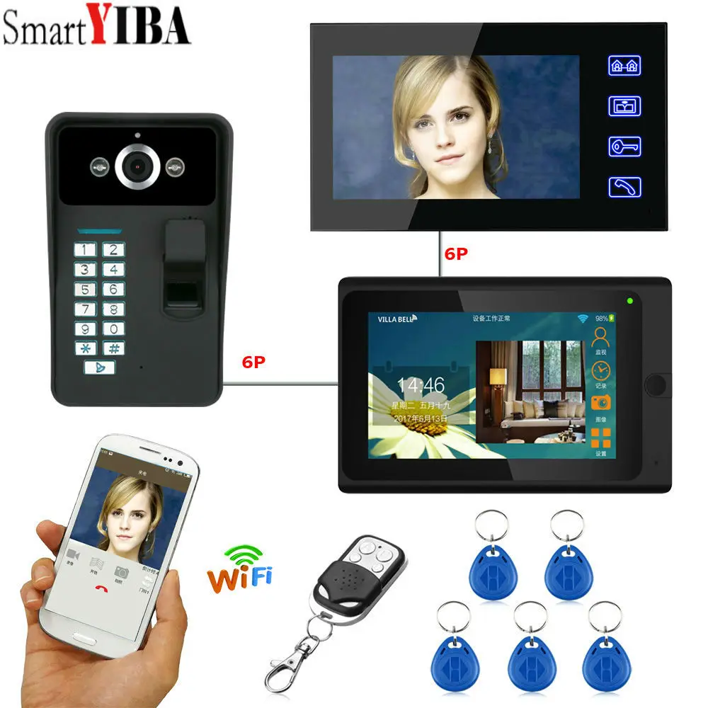 SmartYIBA 7\ 2 Monitors Wired /Wireless Wifi Video Door Phone Doorbell Intercom System with Fingerprint 5pcs RFID Password