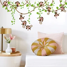 Милые мини-обезьяны виниловые наклейки на стену, наклейки для детей, животные, растения, обои, Фреска для девочек и мальчиков, Детская домашняя спальня, декор для детской комнаты