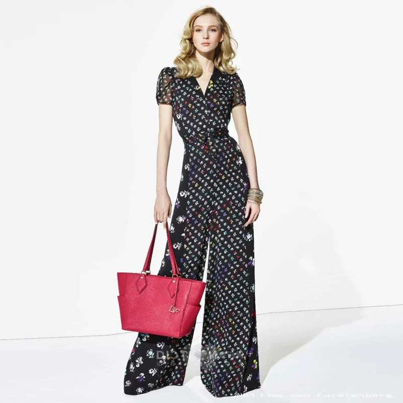 

XF V-Neck Casual Jumpsuit 2019 Summer Women'S Paris Fashion Party Color Floral Print Chiffon High Waist Wide Leg Pants