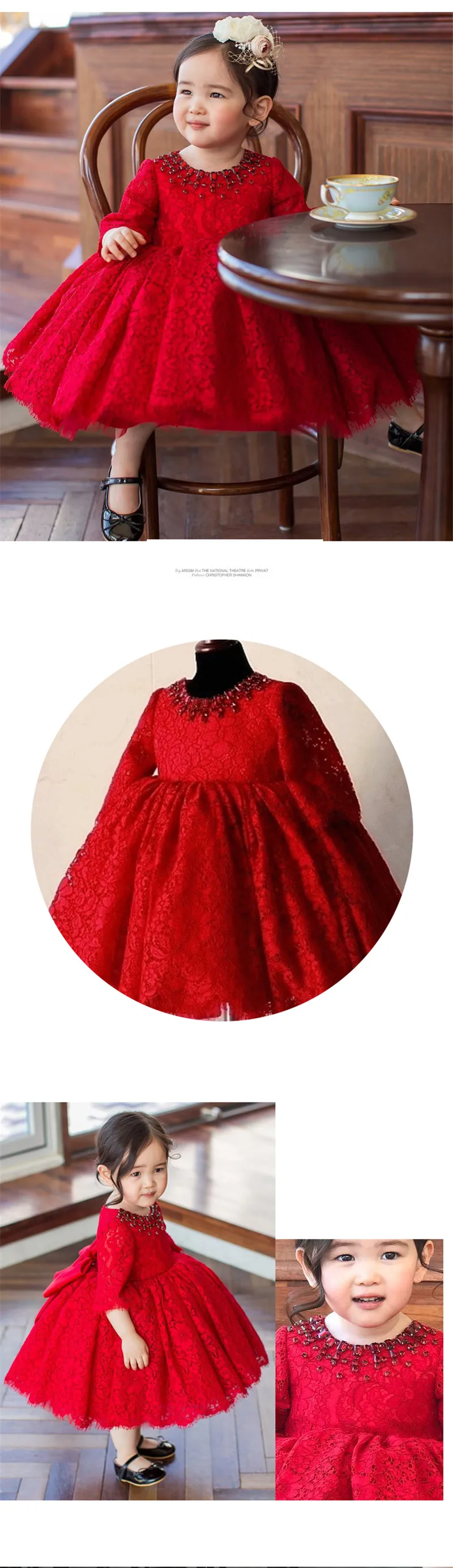 Красное Тюлевое платье для маленьких девочек; платье для крещения с длинными рукавами для девочек; платье для первого дня рождения, свадьбы, крещения; Одежда для младенцев