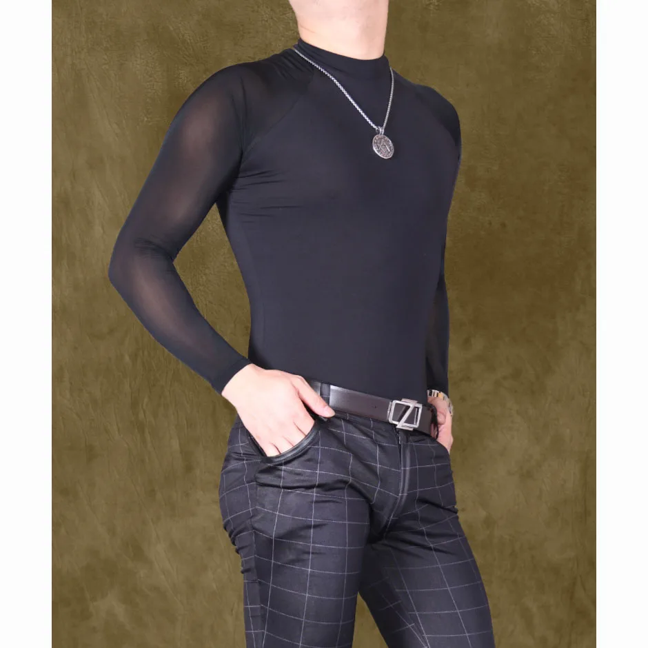 

Modal Ice Silk Patchwork Transparent Sexy Black Bodysuits Camisetas Hombre Long Sleeve T Shirt Men Body One Piece Funny T Shirts
