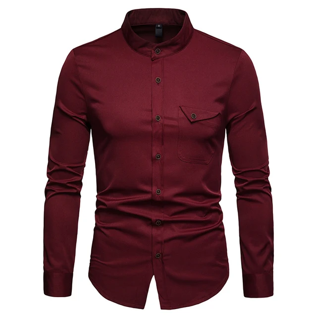 Mens Solid Mandarin Collar Shirt 2019 Casual Slim Fit Wine Red Dress ...