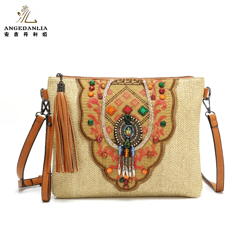 

Women envelope Shoulder Bag National handbag Straw fabric Handmade Embroidered Bohemian Women Ethnic Cross Body Handbag