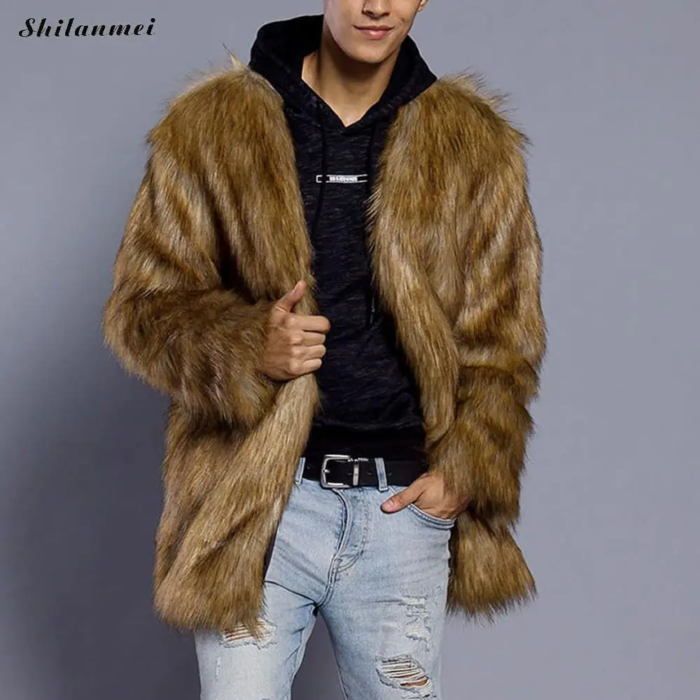 Fluffy coat for men winter thicken faux fur coats fashion long sleeve