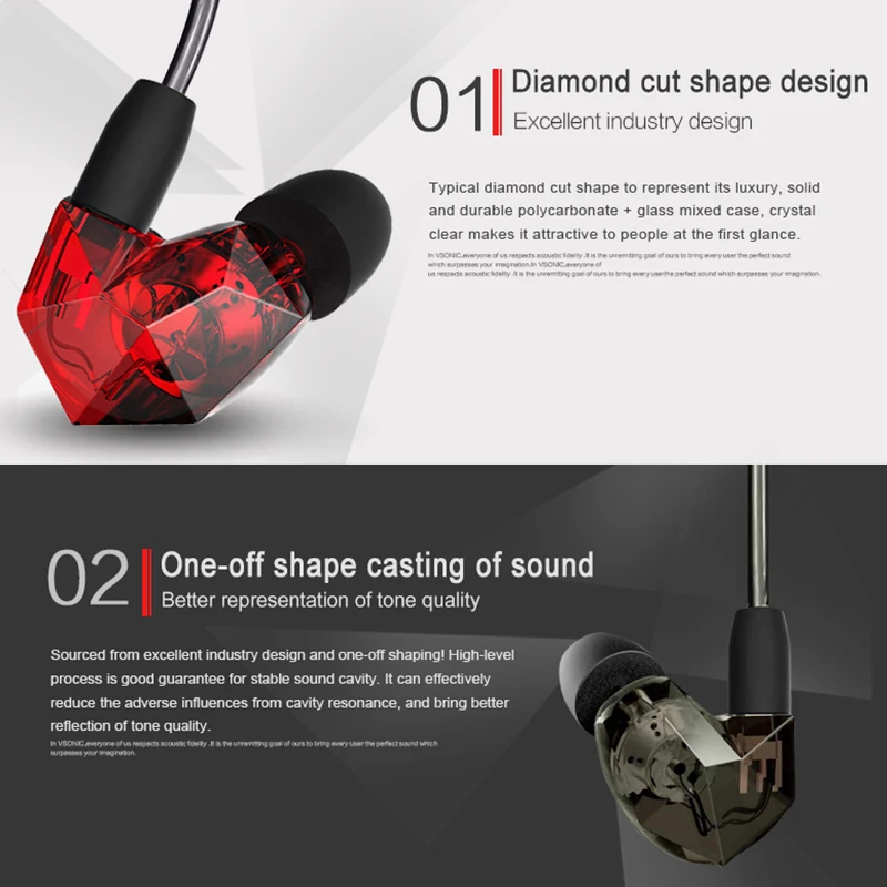VSONIC NEW VSD3S Earphones Professional Noise-isolation HIFI Inner-Ear Earphone Stereo Bass Enhanced