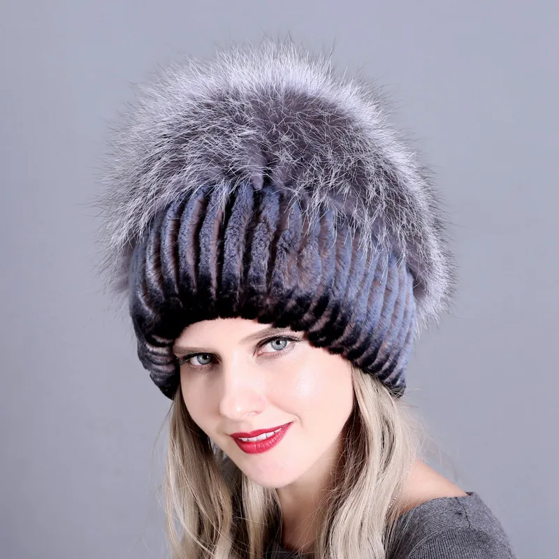 Женская Зимняя Шапка-бини, настоящий мех кролика, шапки для женщин, вязаная шапка, утолщенная Женская Роскошная шапка с лисой, BeaniesGIZWQLut3o - Цвет: color9