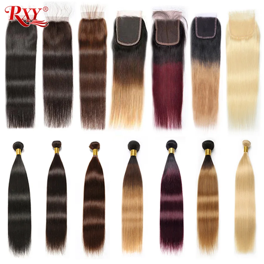 Светлые волосы пучки с закрытием RXY человеческие прямые волосы пучки волос с закрытием 1B/2/4/27/99J/613 # пучки волос от светлого до темного цвета
