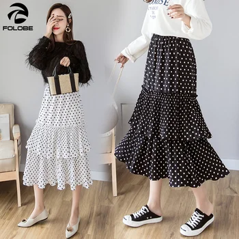 

FOLOBE 2020 New Spring Summer Korean Style Woman High Waist Polka Dot Chiffon Skirt Kawaii Ruffles Cake Skirt Faldas