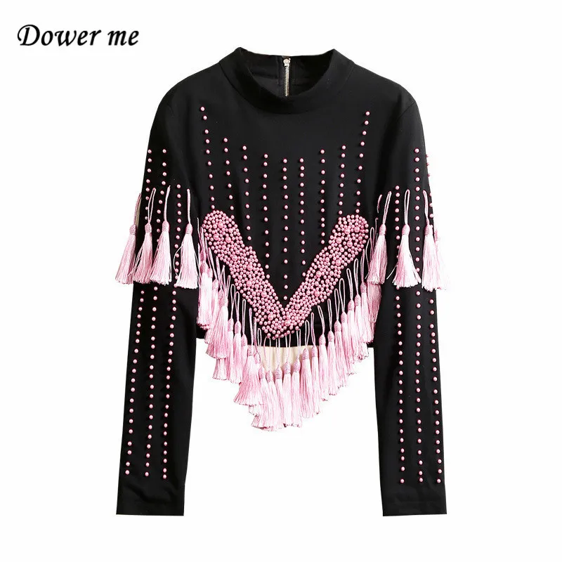 

Fashion Beading Women Black Tops Elegant Pink Tassel Ladies T-shirts Autumn Female Full Patchwork Shirts YN066
