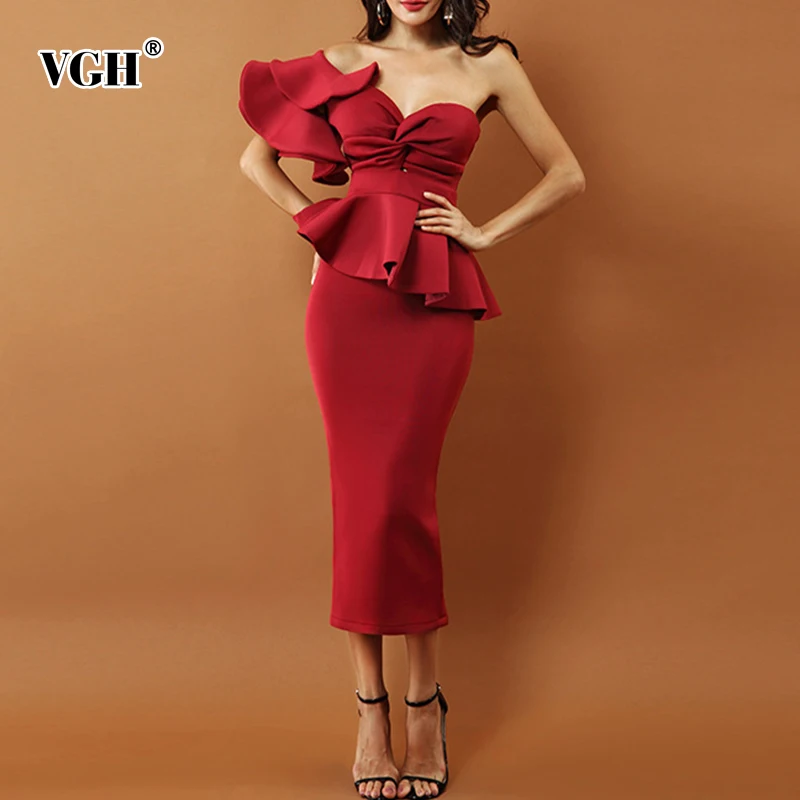 

VGH Summer Sets Of Female Sexy Strapless Petal Sleeve Ruffles Slim Two Piece Set 2019 New Fashion Clothing