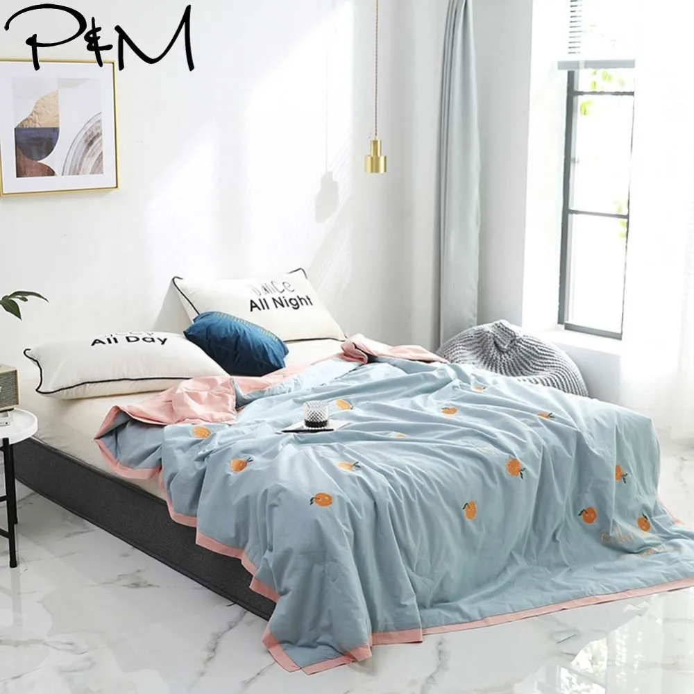 

2019 INS Orange Light Blue Simple Air-condition Thin Summer Quilt Embroidery Comforter Washed Cotton Fabric Queen Size